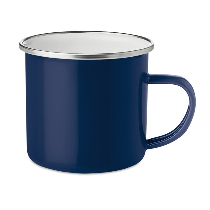 Taza publicitaria de metal con borde plateado color azul Taza publicitaria de metal con borde plateado color azul
