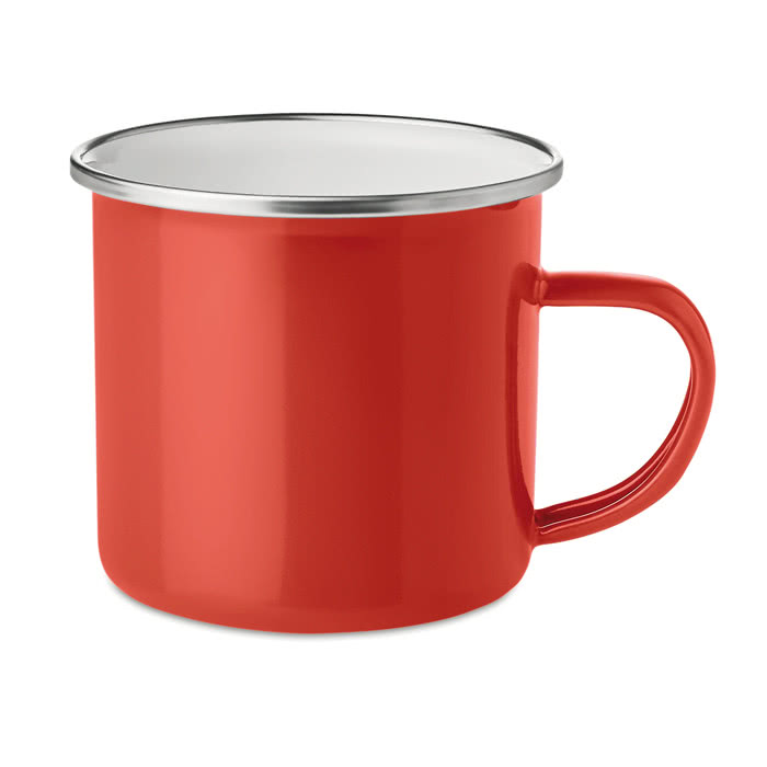 Taza publicitaria de metal con borde plateado color rojo Taza publicitaria de metal con borde plateado color rojo
