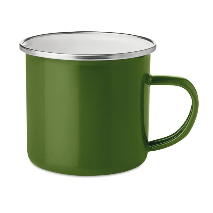 Taza publicitaria de metal con borde plateado color verde Taza publicitaria de metal con borde plateado color verde