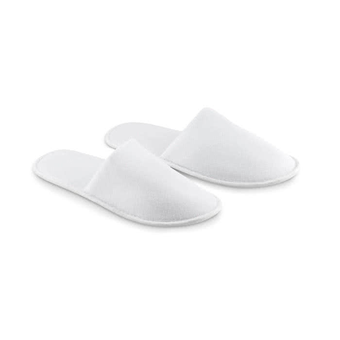 Zapatillas con logotipo para hotel de poliéster Roomie color blanco Zapatillas con logotipo para hotel de poliéster Roomie color blanco