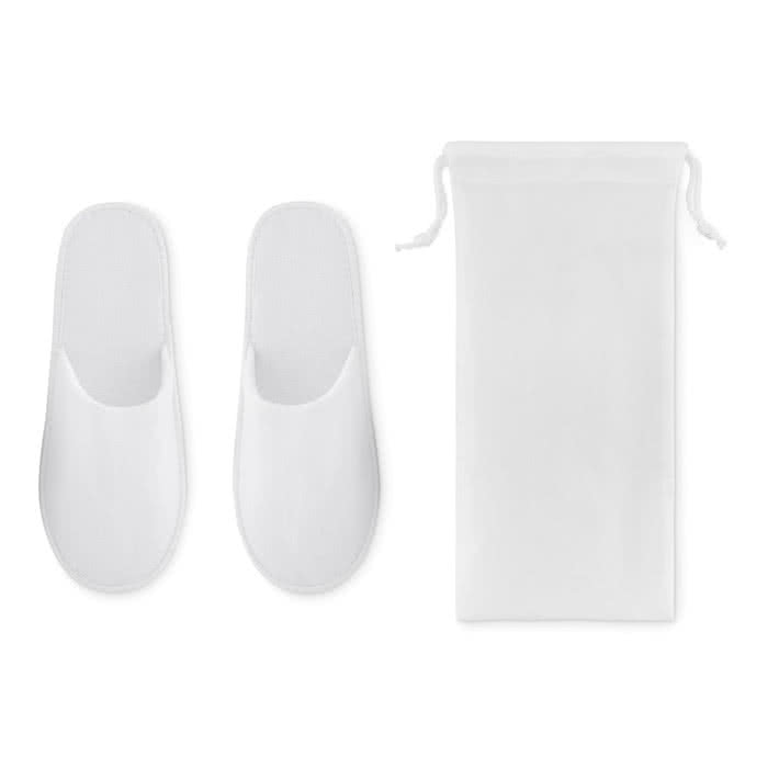 Zapatillas con logotipo para hotel de poliéster Roomie color blanco segunda vista Zapatillas con logotipo para hotel de poliéster Roomie color blanco segunda vista