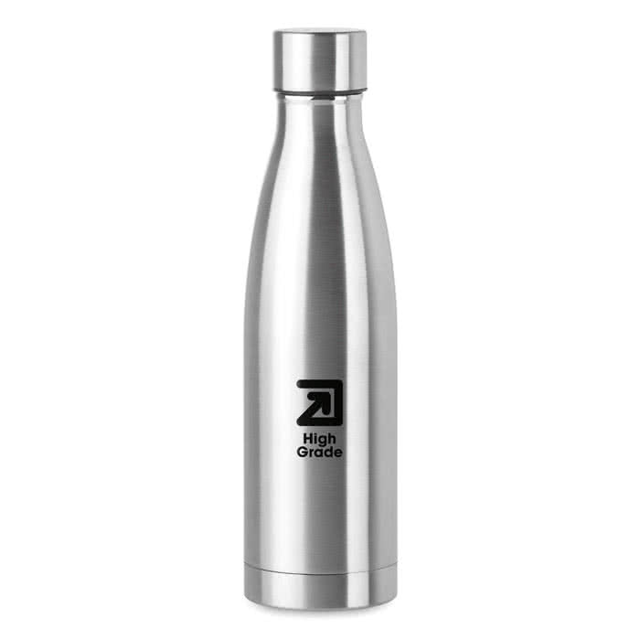 Botella termo personalizada de acero color plateado cuarta vista con logo Botella termo personalizada de acero color plateado cuarta vista con logo