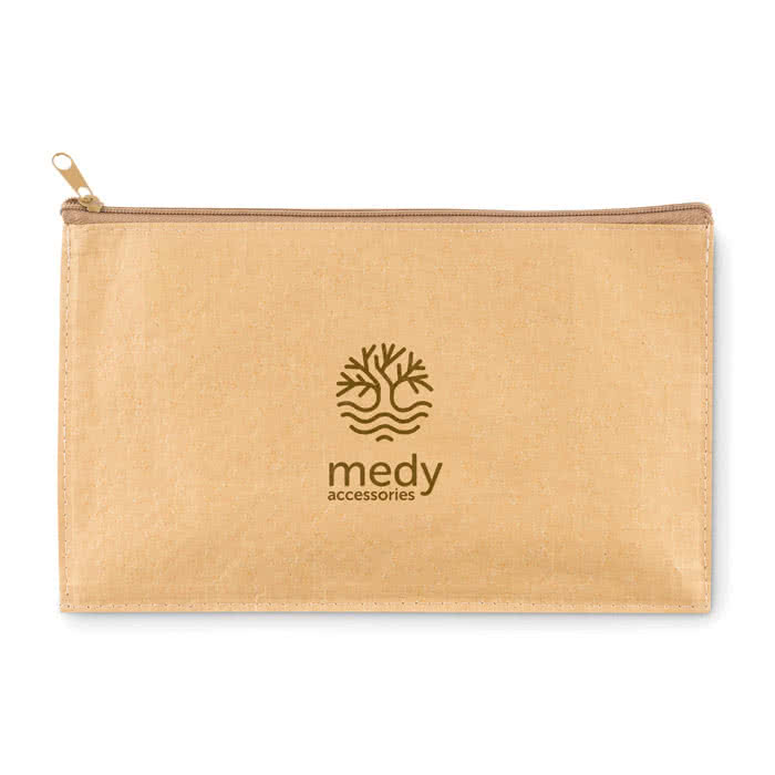 Estuche grande personalizado papel woven color beige cuarta vista con logo