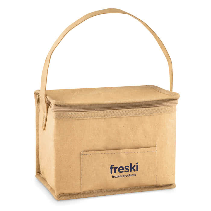 Bolsa nevera kraft con asa y bolsillo color beige cuarta vista con logo