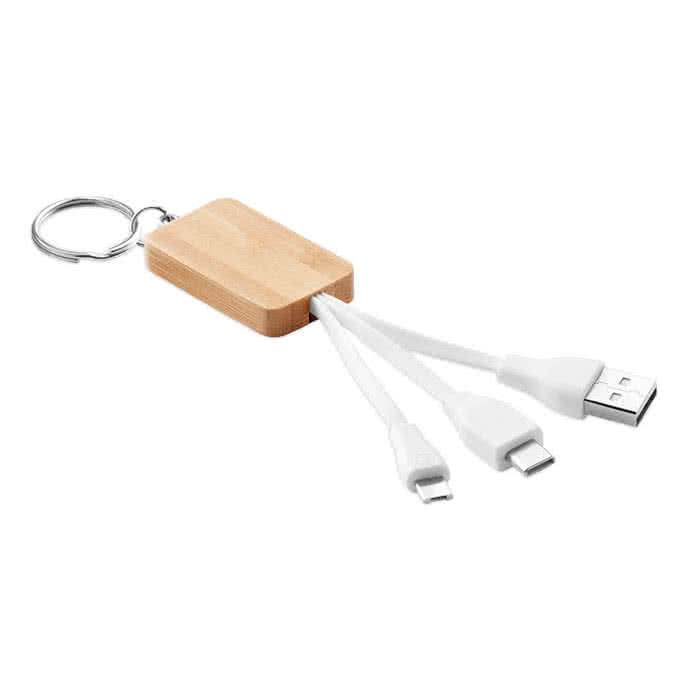 Llavero con logotipo y cables USB color madera tercera vista
