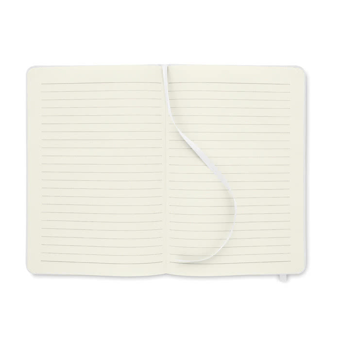 Libreta RPET personalizada tamaño A5 color blanco cuarta vista Libreta RPET personalizada tamaño A5 color blanco cuarta vista