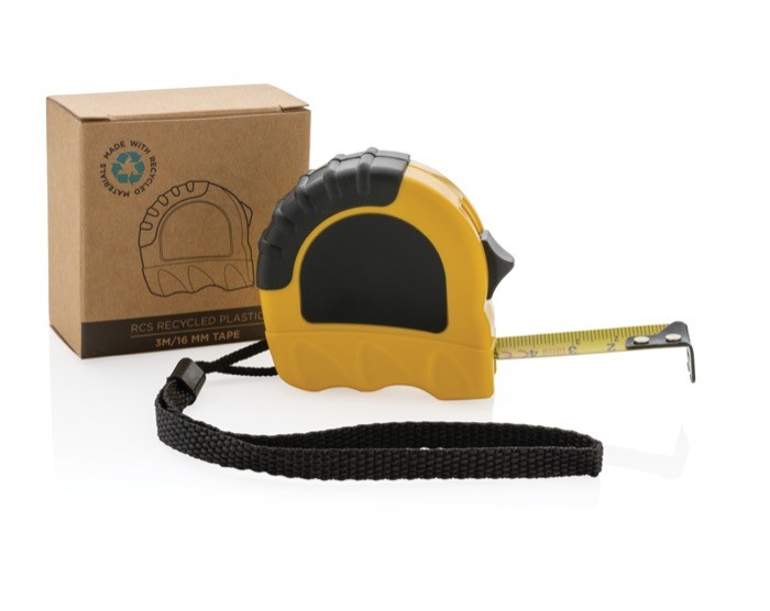 Flexómetro de plástico reciclado de 3 metros color amarillo vista con caja Flexómetro de plástico reciclado de 3 metros color amarillo vista con caja