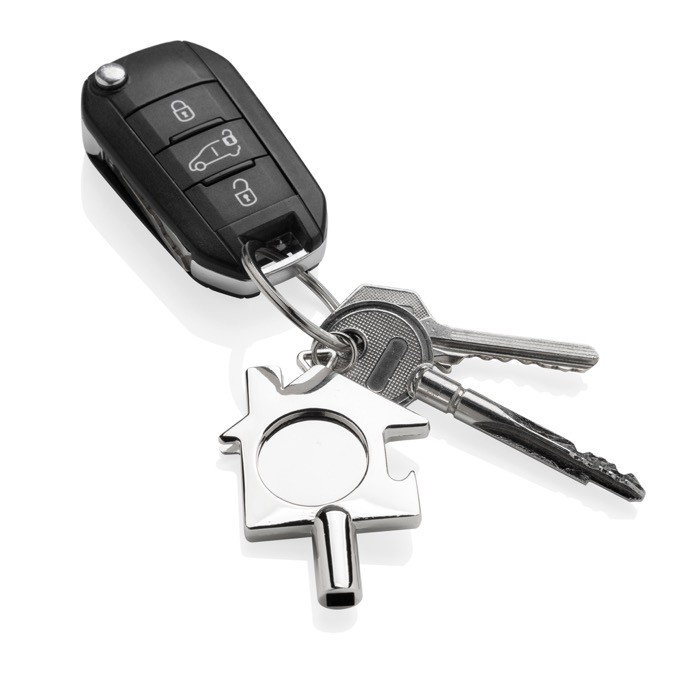 Llavero de zinc reciclado con llave de radiador y abridor color plateado quinta vista