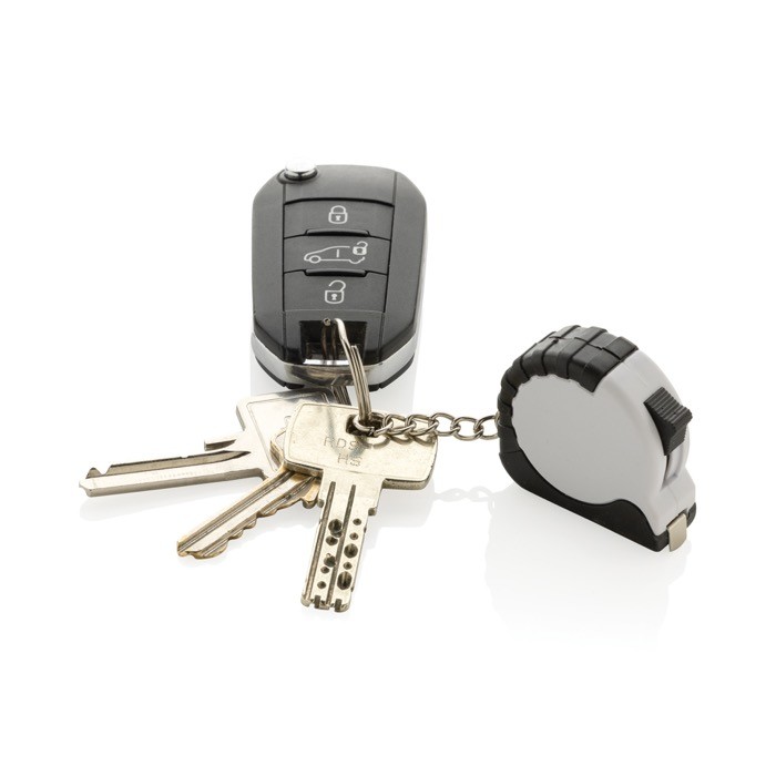 Llavero de plástico reciclado y acero con cinta métrica 1M color blanco segunda vista Llavero de plástico reciclado y acero con cinta métrica 1M color blanco segunda vista