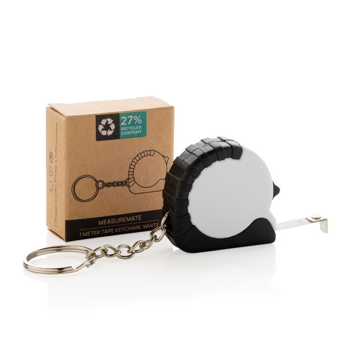 Llavero de plástico reciclado y acero con cinta métrica 1M color blanco vista con caja Llavero de plástico reciclado y acero con cinta métrica 1M color blanco vista con caja