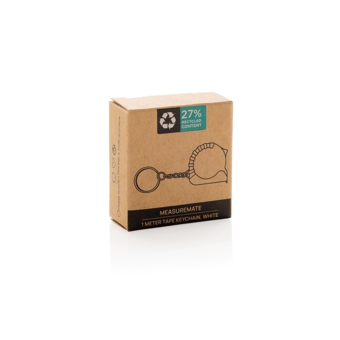 Llavero de plástico reciclado y acero con cinta métrica 1M color blanco segunda vista con caja Llavero de plástico reciclado y acero con cinta métrica 1M color blanco segunda vista con caja