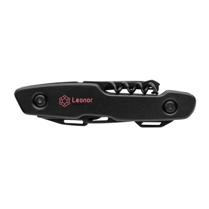 Cuchillo con diversas funciones color negro vista con logo