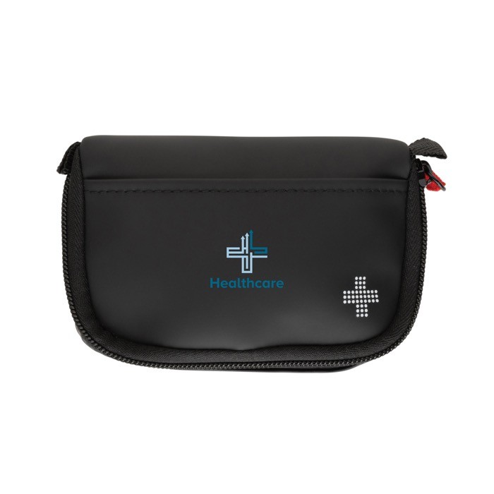 Botiquín de primeros auxilios para empresa de nobuk con 15 accesorios color negro vista con logo