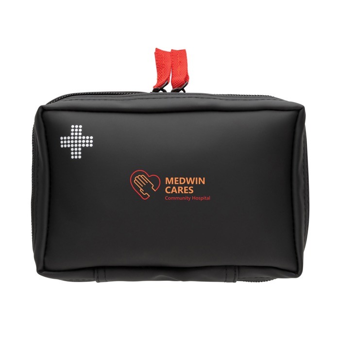 Botiquín personalizado nobuk para primeros auxilios con 24 accesorios color negro vista con logo