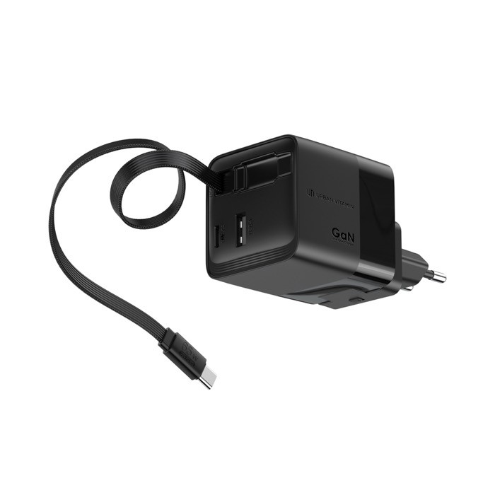 Cargador rápido GaN ecológico con cable retráctil de 80cm 65W color negro cuarta vista