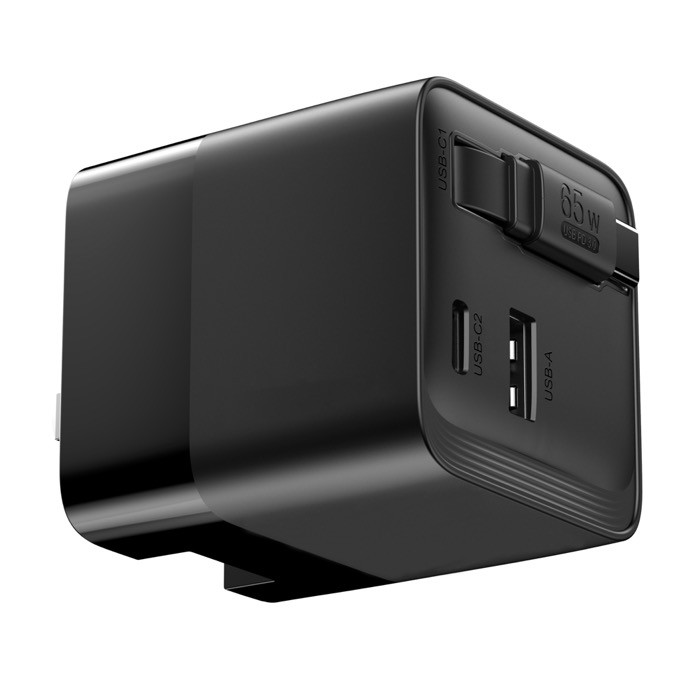 Cargador rápido GaN ecológico con cable retráctil de 80cm 65W color negro quinta vista