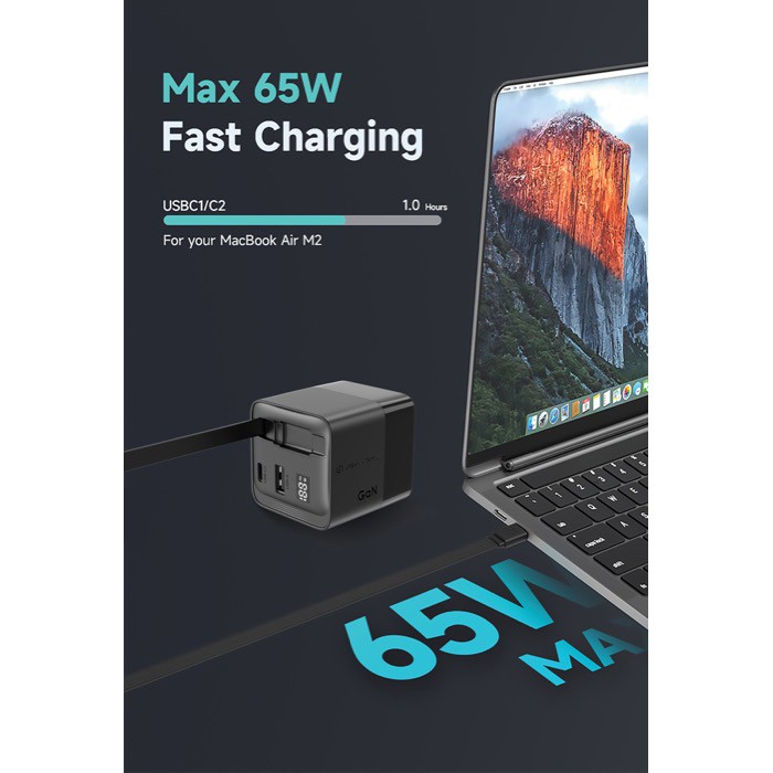 Cargador rápido GaN ecológico con cable retráctil de 80cm 65W color negro vista de ambiente 2