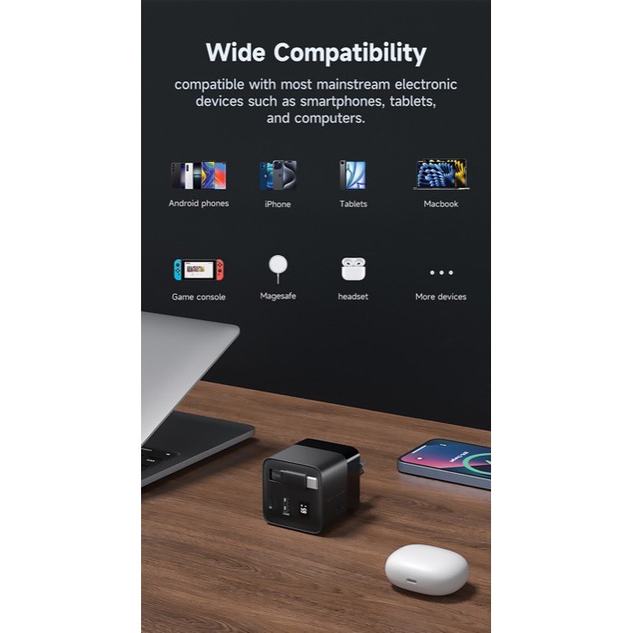 Cargador rápido GaN ecológico con cable retráctil de 80cm 65W color negro vista de ambiente 3