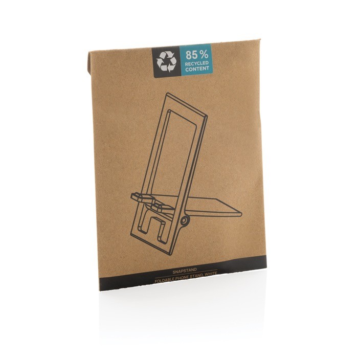 Soporte plano para móvil plegable de plástico reciclado color blanco segunda vista con caja Soporte plano para móvil plegable de plástico reciclado color blanco segunda vista con caja