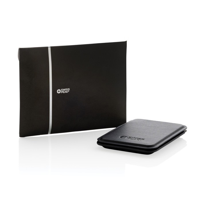 Cartera magnética para móvil de cuero sintético con soporte color negro vista con caja Cartera magnética para móvil de cuero sintético con soporte color negro vista con caja