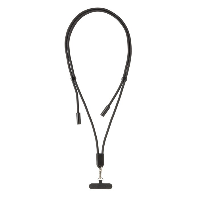 Cable para móvil con USB-C en RPET con correa cuello y carga 60W color negro