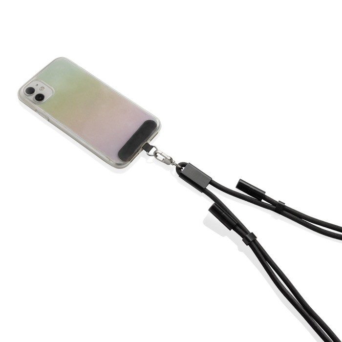 Cable para móvil con USB-C en RPET con correa cuello y carga 60W color negro sexta vista