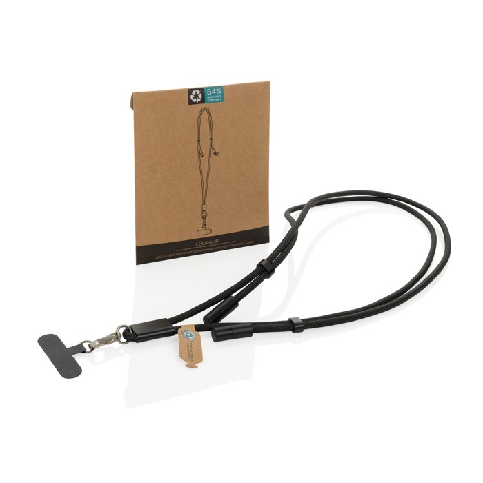 Cable para móvil con USB-C en RPET con correa cuello y carga 60W color negro vista con caja