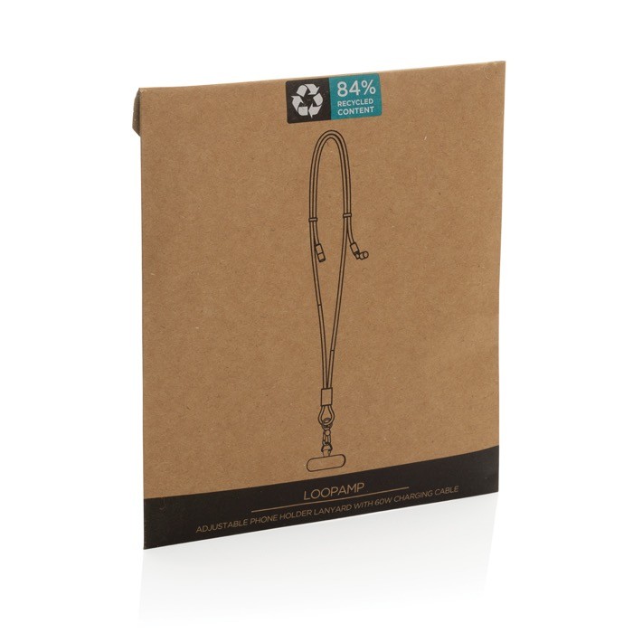 Cable para móvil con USB-C en RPET con correa cuello y carga 60W color negro segunda vista con caja