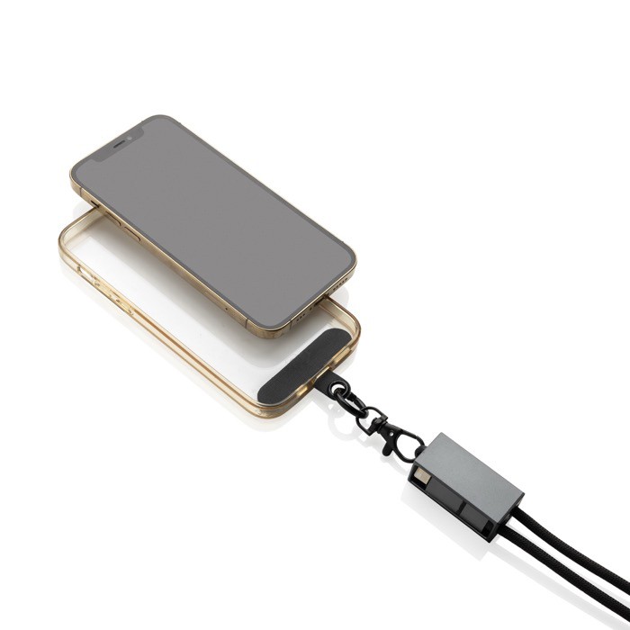 Cable con cordón de móvil ecológico con 3 puertos de carga color gris cuarta vista Cable con cordón de móvil ecológico con 3 puertos de carga color gris cuarta vista