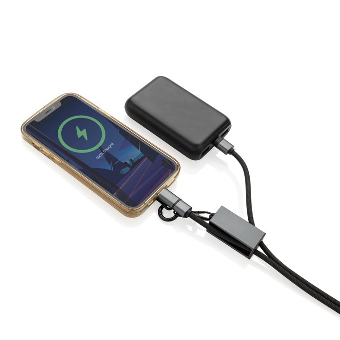 Cable con cordón de móvil ecológico con 3 puertos de carga color gris séptima vista Cable con cordón de móvil ecológico con 3 puertos de carga color gris séptima vista