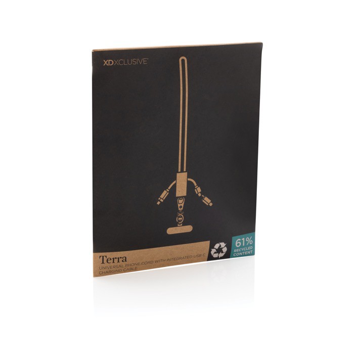 Cable con cordón de móvil ecológico con 3 puertos de carga color gris segunda vista con caja Cable con cordón de móvil ecológico con 3 puertos de carga color gris segunda vista con caja