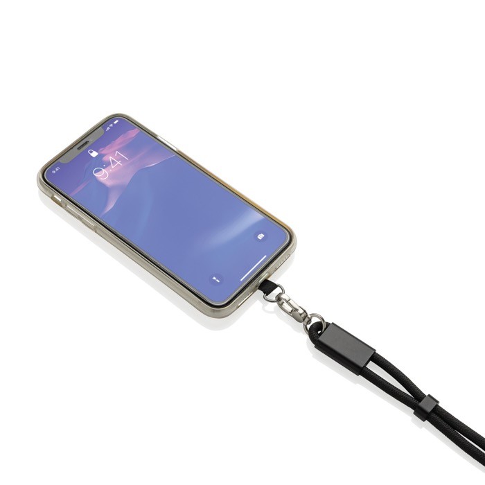 Correa de muñeca para móvil RPET con cable USB-C y carga rápida 60W color negro quinta vista