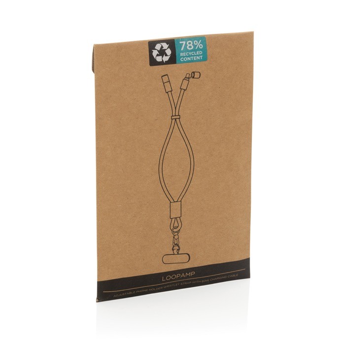 Correa de muñeca para móvil RPET con cable USB-C y carga rápida 60W color negro segunda vista con caja