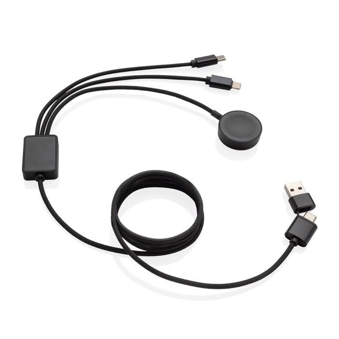 Cable de carga 6 en 1 de materiales reciclados con carga reloj color gris Cable de carga 6 en 1 de materiales reciclados con carga reloj color gris