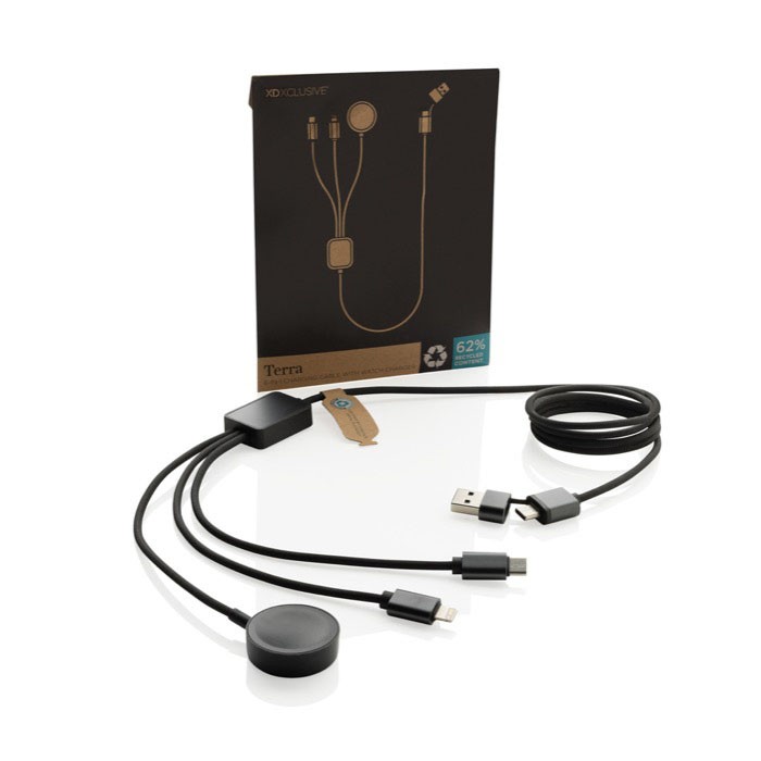 Cable de carga 6 en 1 de materiales reciclados con carga reloj color gris vista con caja Cable de carga 6 en 1 de materiales reciclados con carga reloj color gris vista con caja