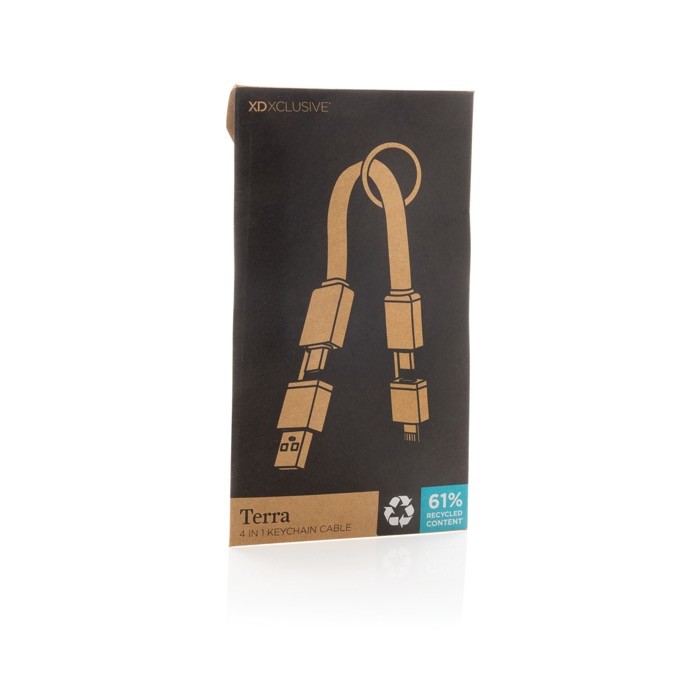 Cable de carga rápida de aluminio reciclado con llavero 4 en 1 color gris segunda vista con caja