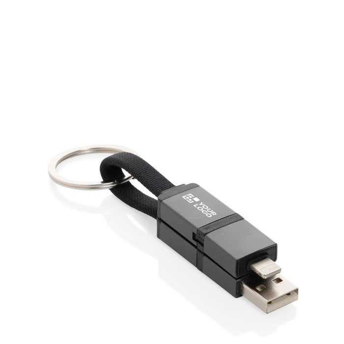 Cable de carga rápida de aluminio reciclado con llavero 4 en 1 color gris vista de impresión