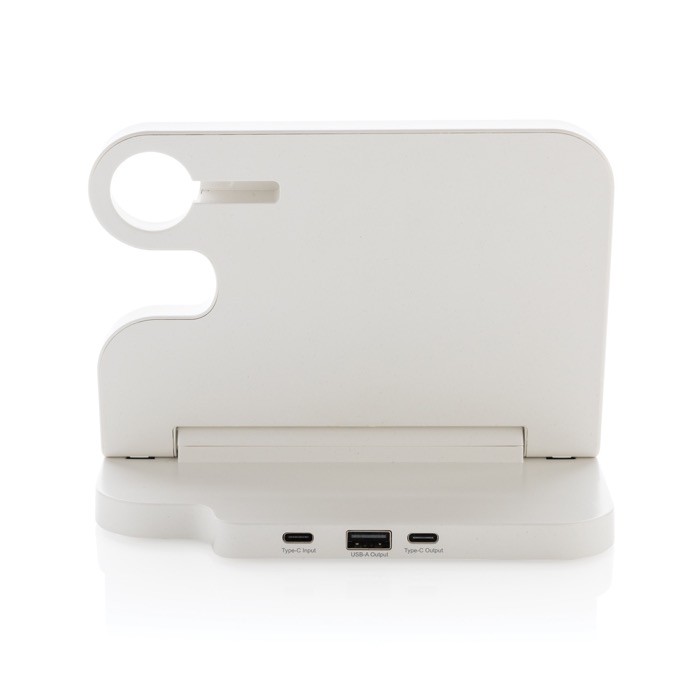 Soporte de carga de plástico reciclado inalámbrico para 3 dispositivos color blanco cuarta vista Soporte de carga de plástico reciclado inalámbrico para 3 dispositivos color blanco cuarta vista