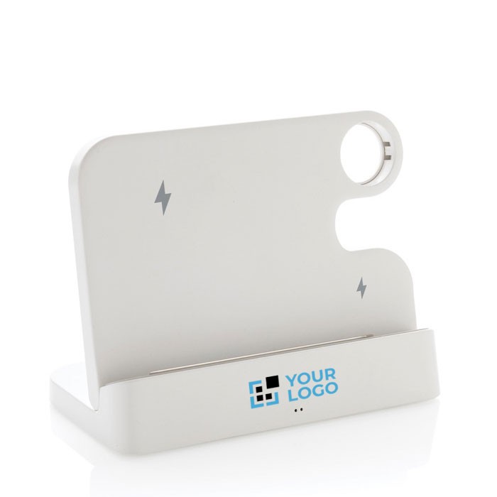 Soporte de carga de plástico reciclado inalámbrico para 3 dispositivos color blanco vista de impresión Soporte de carga de plástico reciclado inalámbrico para 3 dispositivos color blanco vista de impresión