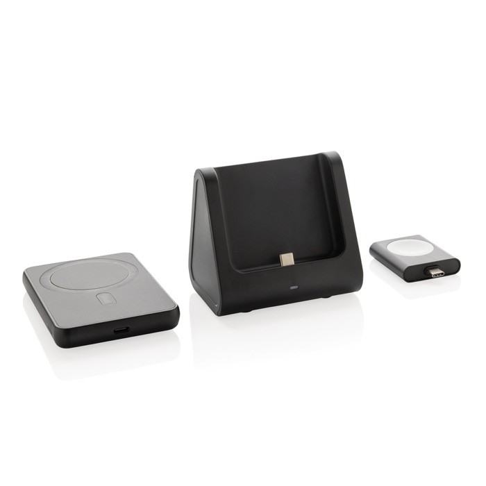 Cargador inalámbrico de plástico reciclado con soporte de carga 3 en 1 color negro quinta vista Cargador inalámbrico de plástico reciclado con soporte de carga 3 en 1 color negro quinta vista