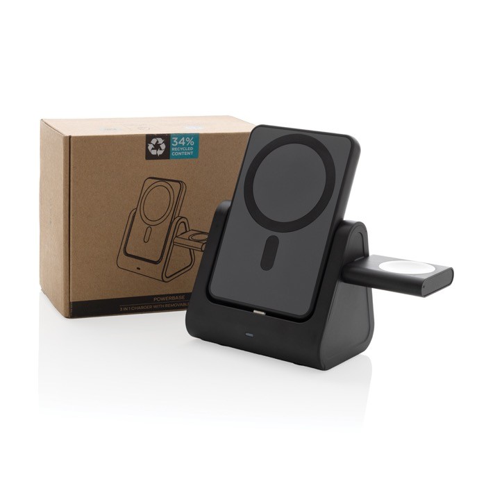 Cargador inalámbrico de plástico reciclado con soporte de carga 3 en 1 color negro segunda vista con caja Cargador inalámbrico de plástico reciclado con soporte de carga 3 en 1 color negro segunda vista con caja
