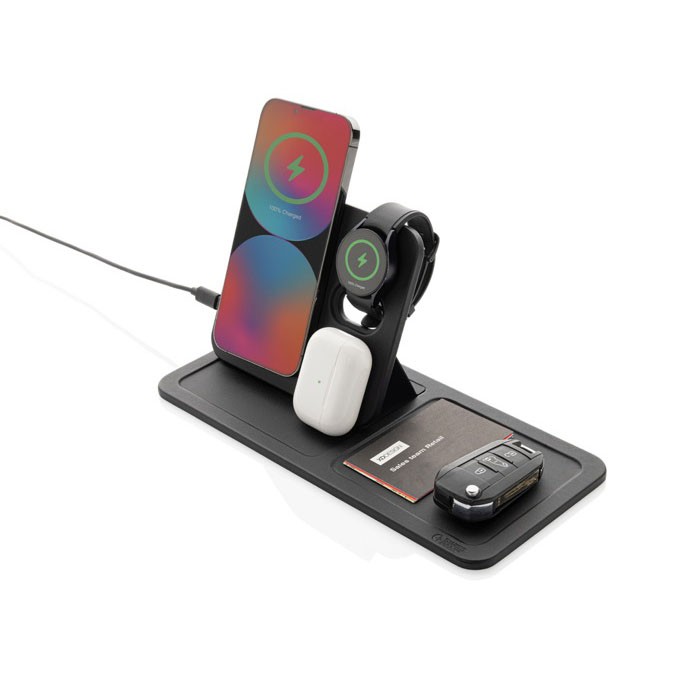 Bandeja de poliéster reciclado con cargador inalámbrico 3 en 1 color negro segunda vista