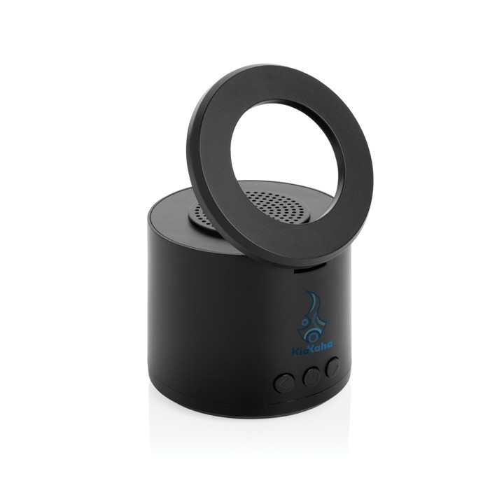 Altavoz inalámbrico ABS reciclado con soporte móvil y subwoofer 3W color negro vista con logo