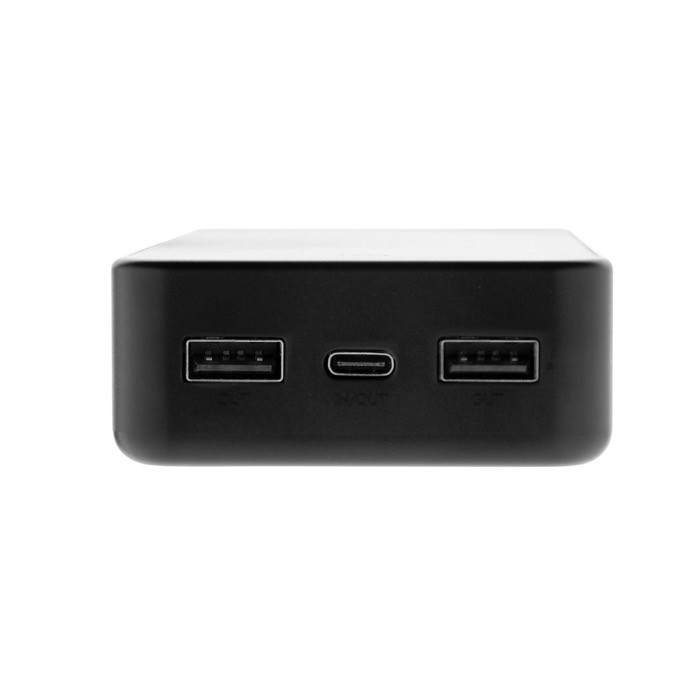 Batería externa ecológica de 20.000 mAh con 3 puertos de carga color negro cuarta vista Batería externa ecológica de 20.000 mAh con 3 puertos de carga color negro cuarta vista