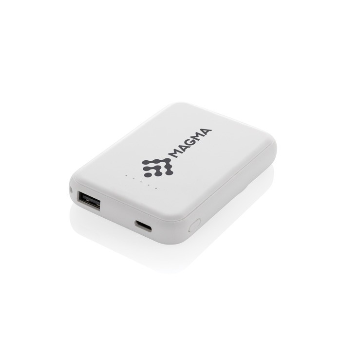 Powerbank inalámbrico magnético plástico reciclado 5.000 mAh color blanco vista con logo Powerbank inalámbrico magnético plástico reciclado 5.000 mAh color blanco vista con logo