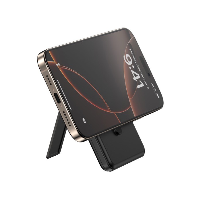 Powerbank 5 en 1 ecológica con cables de carga y soporte 5.000 mAh color negro cuarta vista