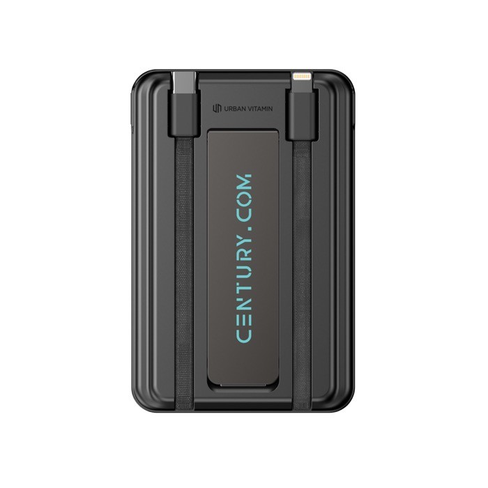 Powerbank 5 en 1 ecológica con cables de carga y soporte 5.000 mAh color negro vista con logo