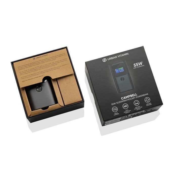 Powerbank de aluminio con carga rápida y pantalla HQ 10.000 mAh color gris vista con caja