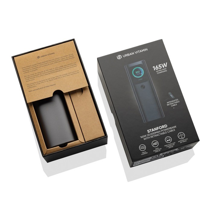 Batería externa de aluminio con carga múltiple y pantalla HQ 20.000 mAh color gris vista con caja