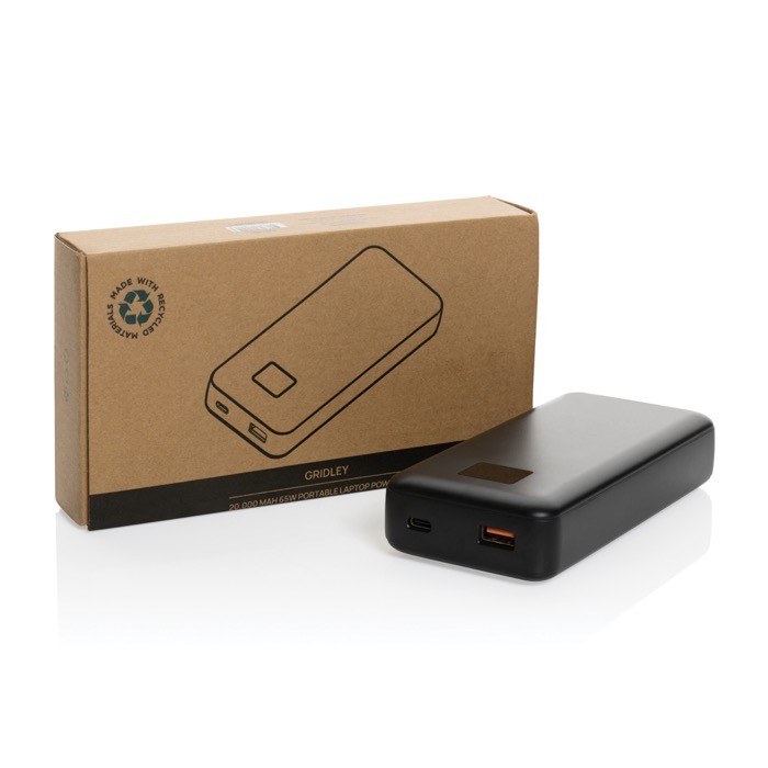 Batería externa con cable tipo C e iOS incorporados 20.000 mAh color negro vista con caja